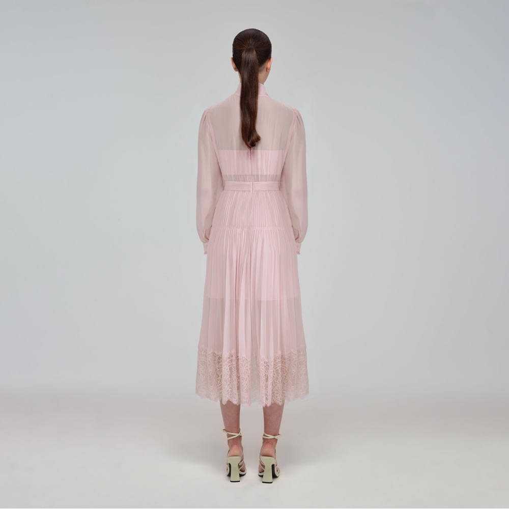 Self portrait pale pink chiffon trimmed lace midi long sleeve dress - Picture 3 of 9